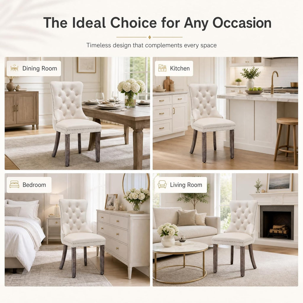 Elegant Velvet Dining Chairs Set of 4 - Luxurious Upholstered Kitchen & Dining Room Seating with High Wing Back, Nailhead Trim, and Stylish Metal Pull Ring in Beige