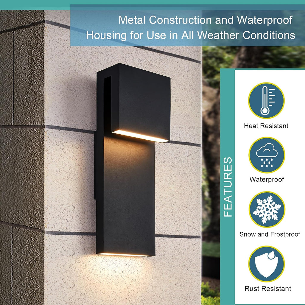 Sleek Modern LED Wall Lights - 2 Pack Waterproof Outdoor/Indoor Fixtures, 17W Warm White Illumination in Textured Black Finish for Your Entryway, Garage, and Patio