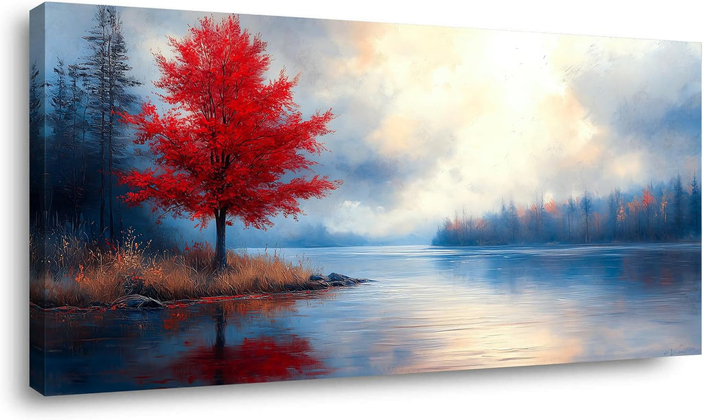 Stunning Lake Canvas Wall Art Featuring a Vibrant Red Maple Tree - Impressionist Oil Painting for Your Living Room, Bedroom, or Home Office (40" x 20")