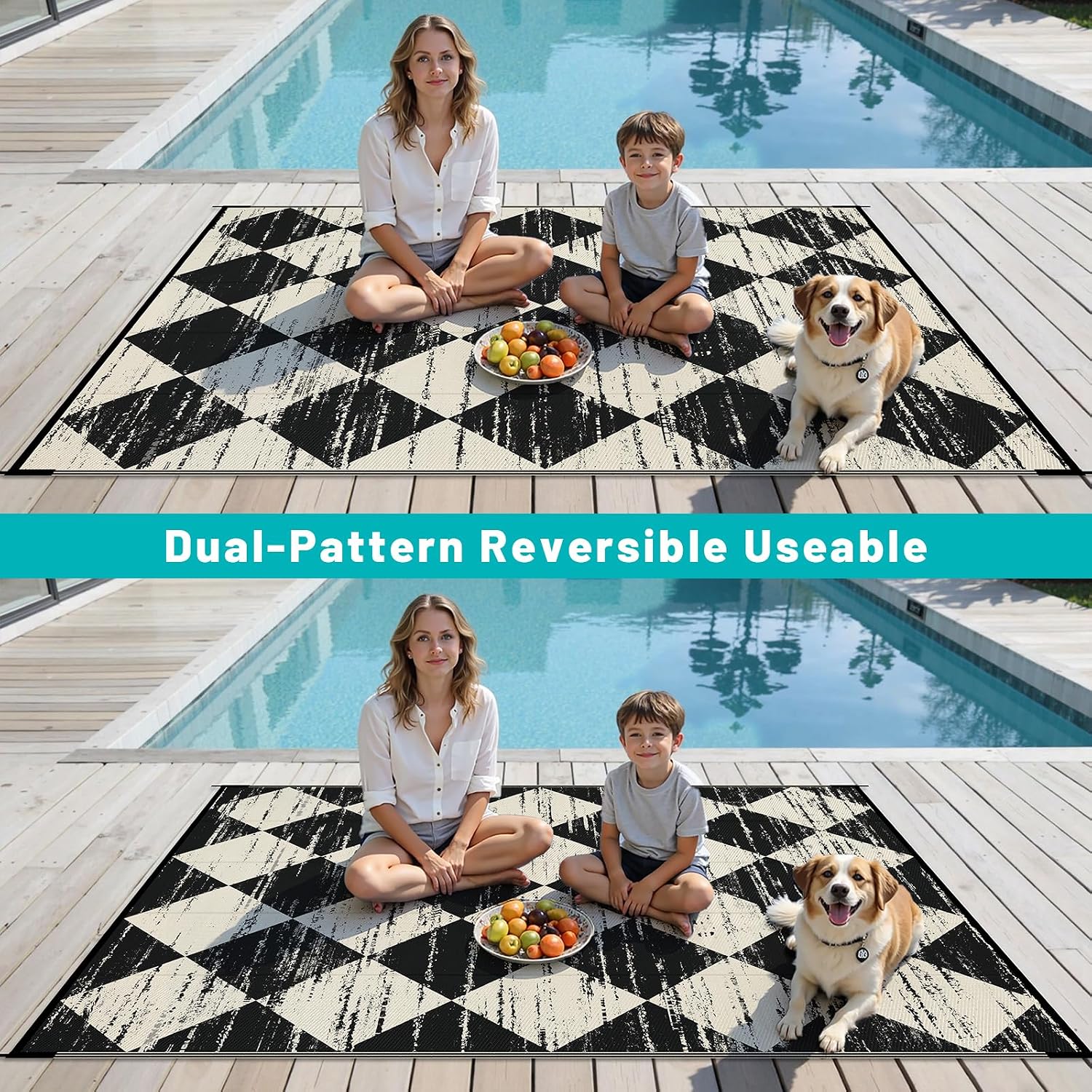 Stylish Waterproof Checkered Outdoor Rug - 5' x 8' Reversible Plastic Mat for Patio, RV, and Beach Adventures