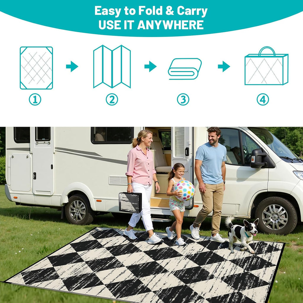 Stylish Waterproof Checkered Outdoor Rug - 5' x 8' Reversible Plastic Mat for Patio, RV, and Beach Adventures