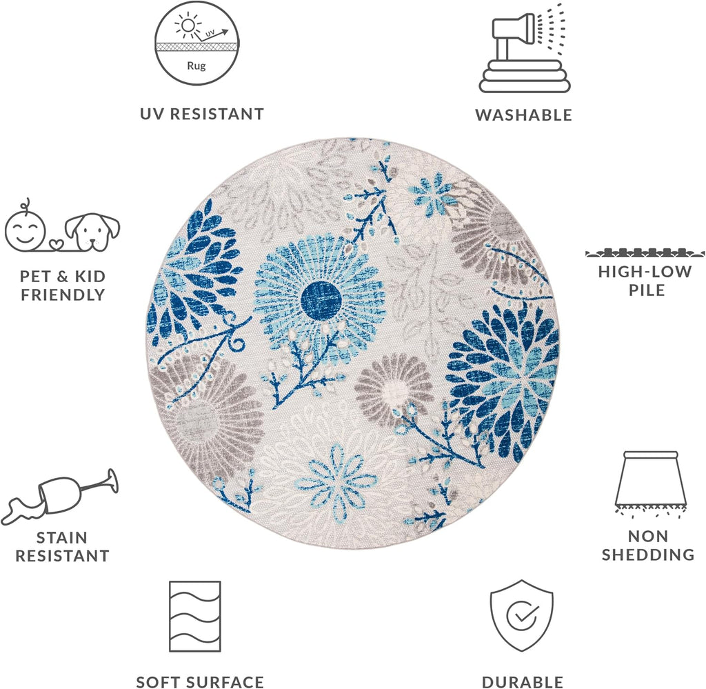 Transform Your Space with the SAFAVIEH 6'7" Round Washable Rug from the Cabana Collection - Stylish Grey & Blue Floral Design, Non-Shedding & Perfect for Indoor/Outdoor Use!