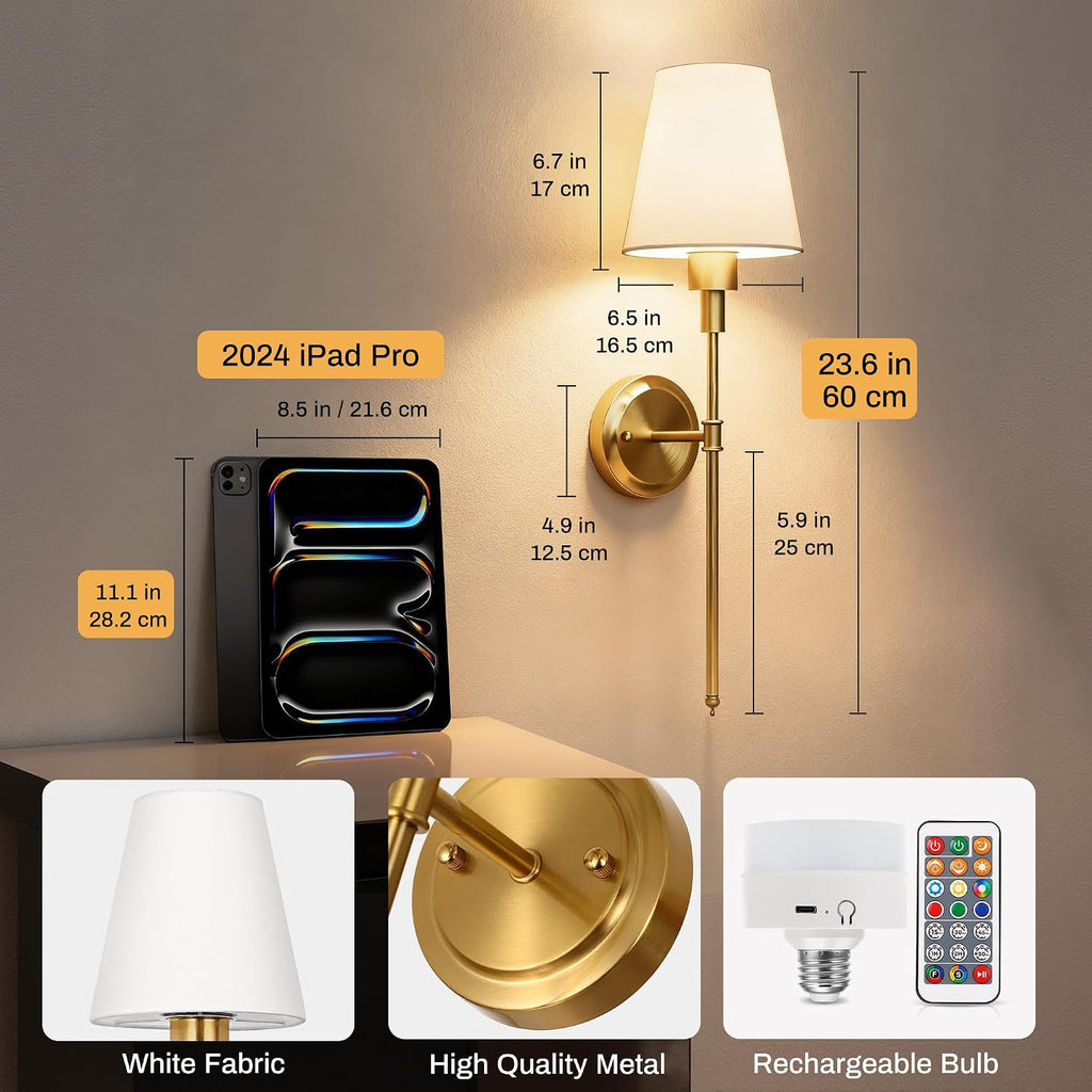 Illuminate Your Space with Our Set of 2 Battery Operated Wall Sconces - Stylish Gold Design with Wireless Remote Control and Adjustable Brightness