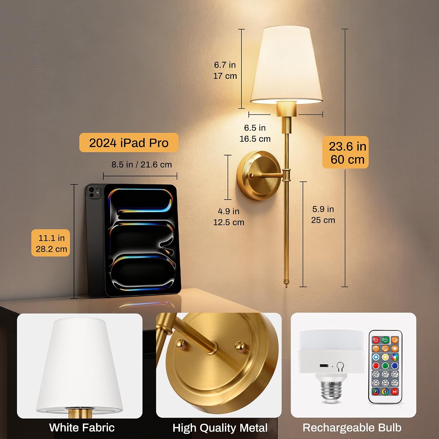 Illuminate Your Space with Our Set of 2 Battery Operated Wall Sconces - Stylish Gold Design with Wireless Remote Control and Adjustable Brightness