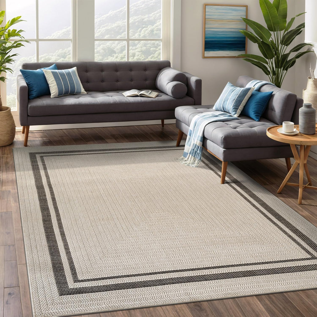 Stylish Easy Jute Bordered Rug 8' x 10' - Durable, Washable Indoor/Outdoor Area Rug for Living Room, Dining Room, Patio & Office - Stain Resistant & Non-Shedding