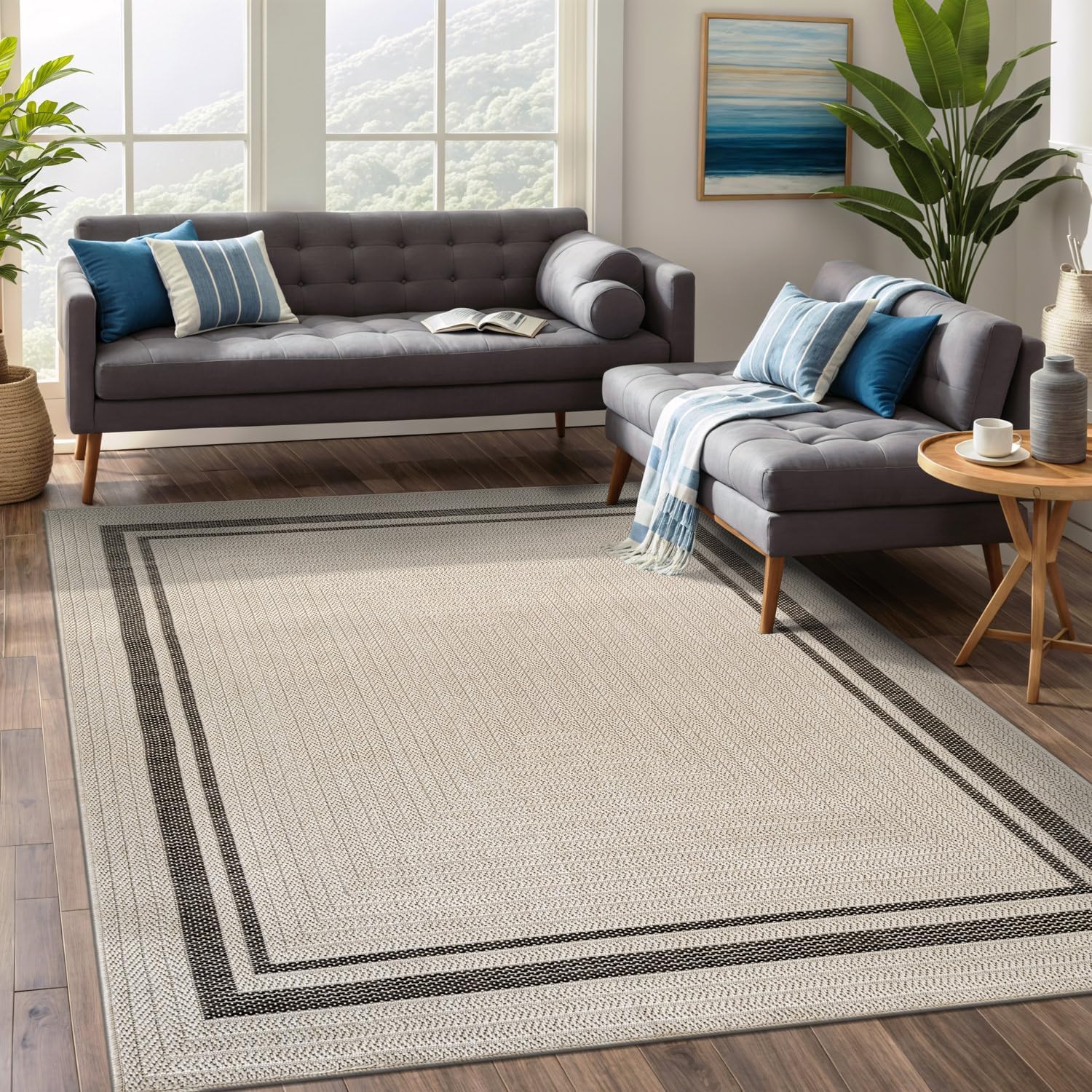 Stylish Easy Jute Bordered Rug 8' x 10' - Durable, Washable Indoor/Outdoor Area Rug for Living Room, Dining Room, Patio & Office - Stain Resistant & Non-Shedding