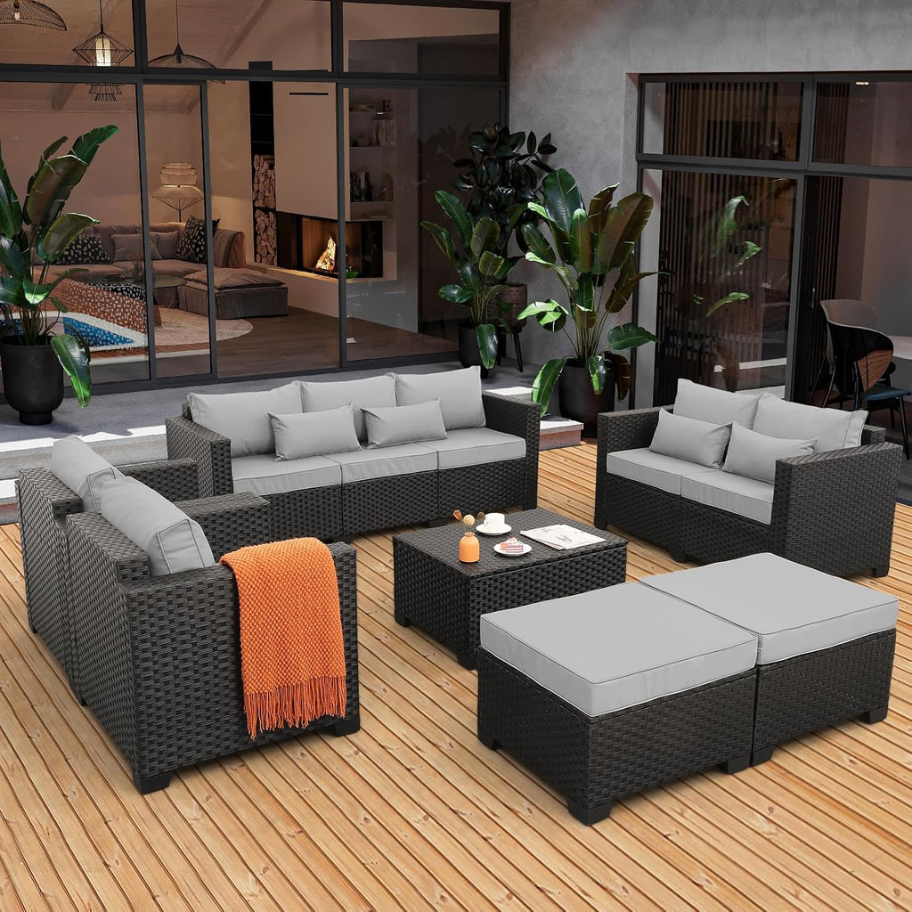 Luxurious 7-Piece Modern Patio Furniture Set with Stylish Light Grey Cushions and Convenient Storage Table