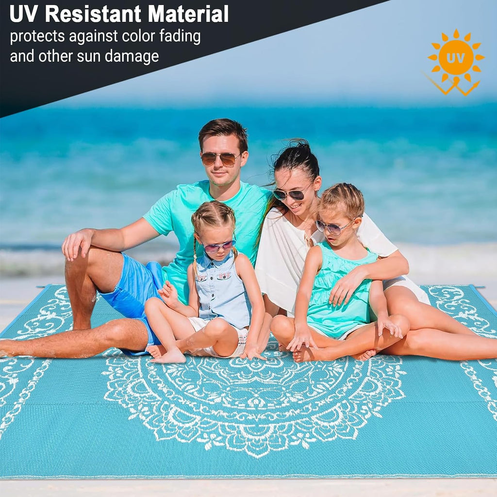 Transform Your Outdoor Space with Our 9x12 Waterproof Teal/White Boho Area Rug – Perfect for Patios, Camping, and More!