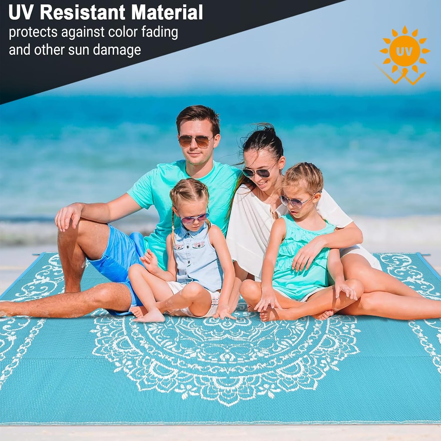 Transform Your Outdoor Space with Our 9x12 Waterproof Teal/White Boho Area Rug – Perfect for Patios, Camping, and More!