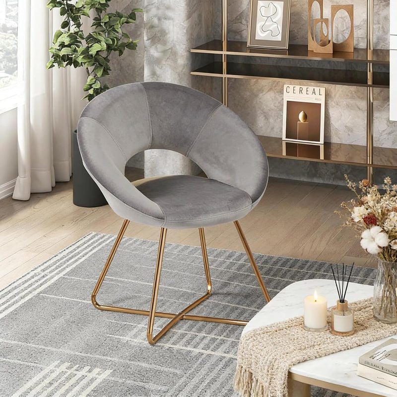 Luxurious Grey Velvet Accent Chair with Golden Metal Frame – Stylish Mid-Century Lounge Sofa for Relaxation