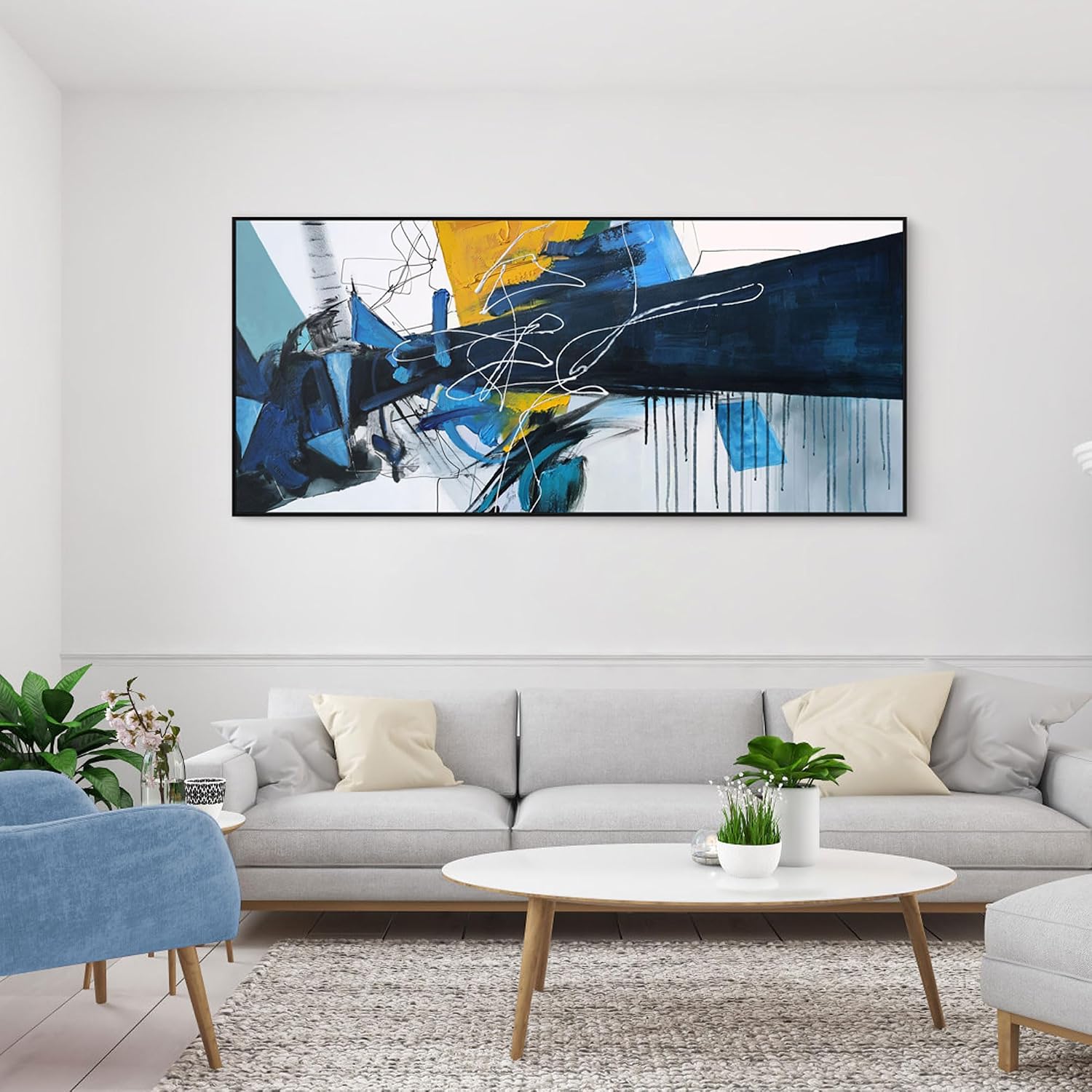 Transform Your Space with Our Extra Large Blue Abstract Framed Canvas Wall Art - Perfect for Living Rooms, Bedrooms, and More (70x31 Inches)