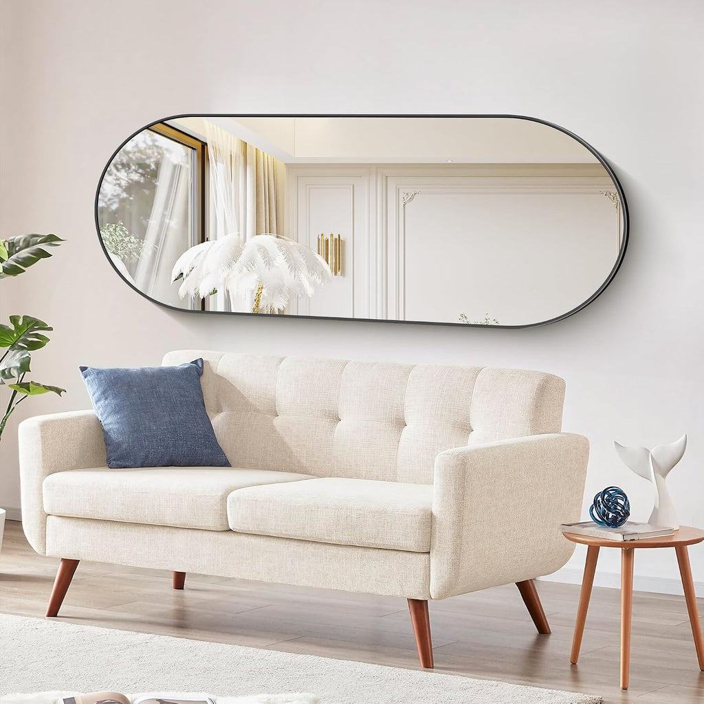 Sleek Black Oval Wall Mirror - 24" x 60" Modern Metal Frame for Bathroom, Bedroom, and Entryway