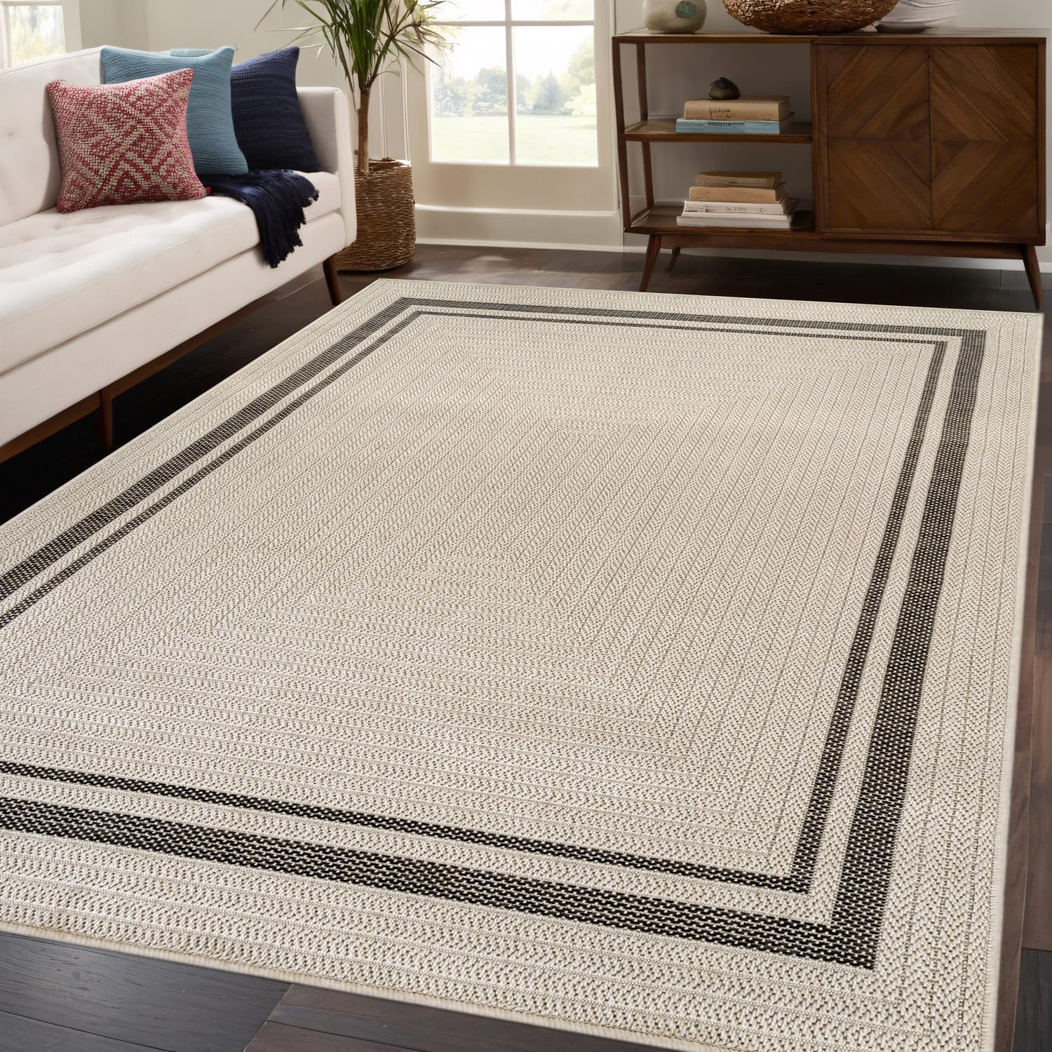 Stylish Easy Jute Bordered Rug 8' x 10' - Durable, Washable Indoor/Outdoor Area Rug for Living Room, Dining Room, Patio & Office - Stain Resistant & Non-Shedding