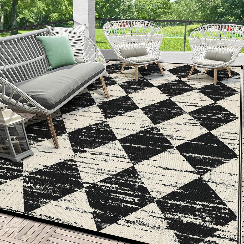 Stylish Waterproof Checkered Outdoor Rug - 5' x 8' Reversible Plastic Mat for Patio, RV, and Beach Adventures