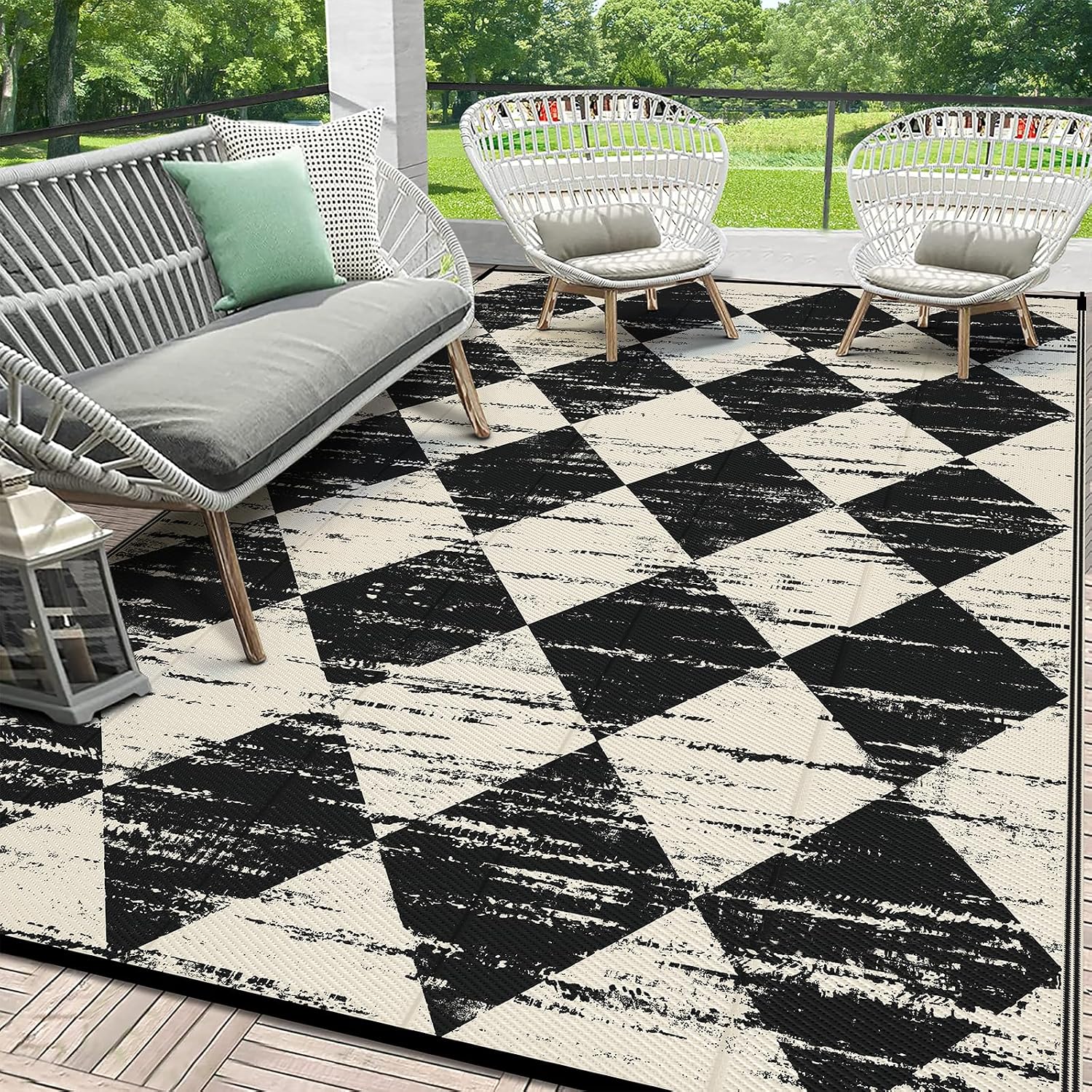Stylish Waterproof Checkered Outdoor Rug - 5' x 8' Reversible Plastic Mat for Patio, RV, and Beach Adventures