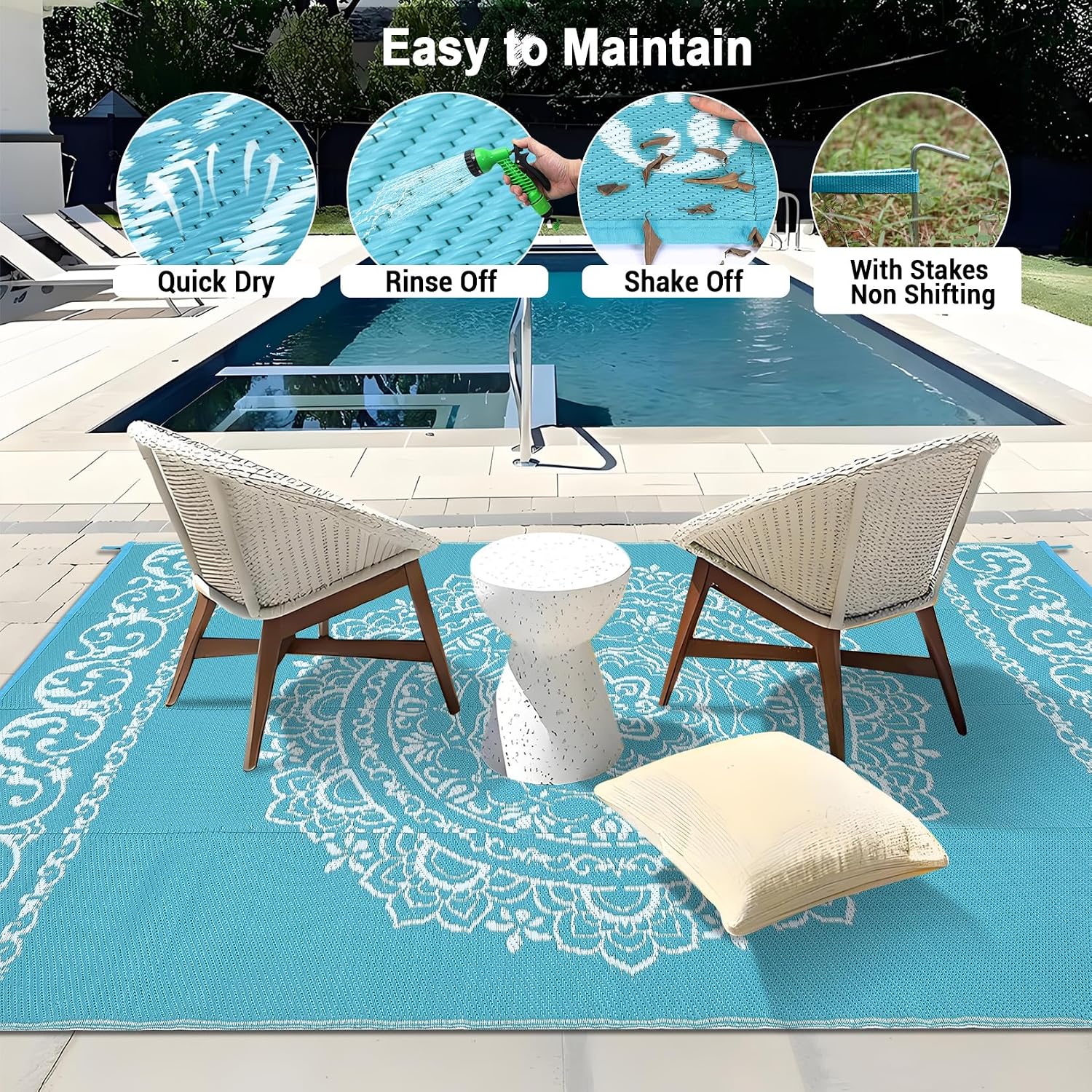 Transform Your Outdoor Space with Our 9x12 Waterproof Teal/White Boho Area Rug – Perfect for Patios, Camping, and More!