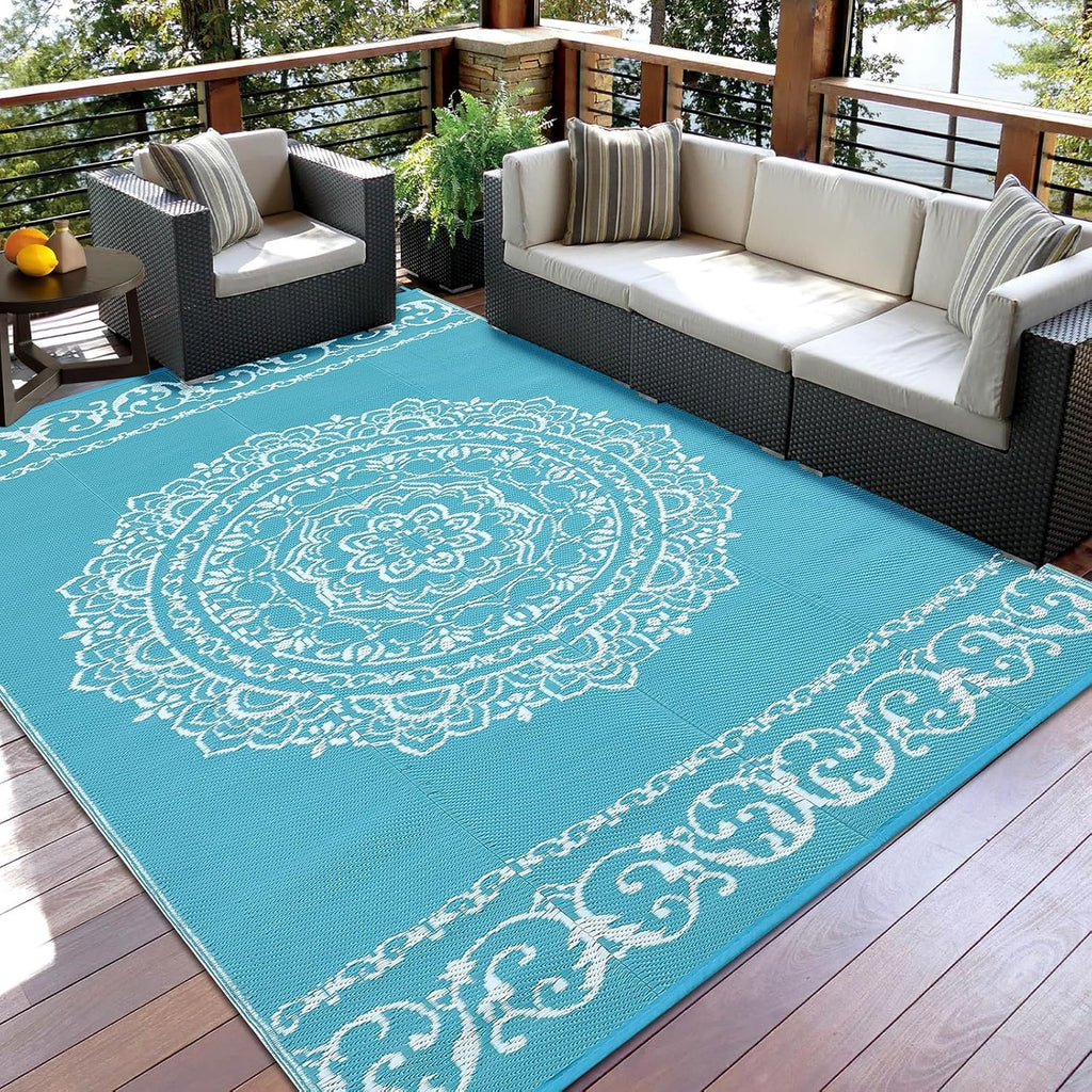 Transform Your Outdoor Space with Our 9x12 Waterproof Teal/White Boho Area Rug – Perfect for Patios, Camping, and More!