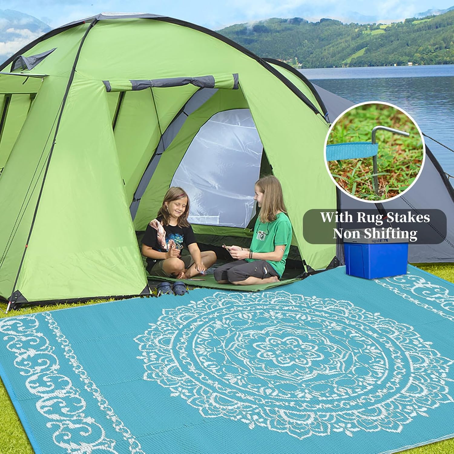 Transform Your Outdoor Space with Our 9x12 Waterproof Teal/White Boho Area Rug – Perfect for Patios, Camping, and More!