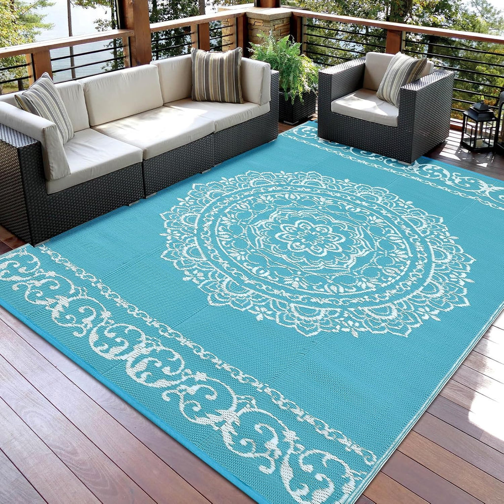 Transform Your Outdoor Space with Our 9x12 Waterproof Teal/White Boho Area Rug – Perfect for Patios, Camping, and More!