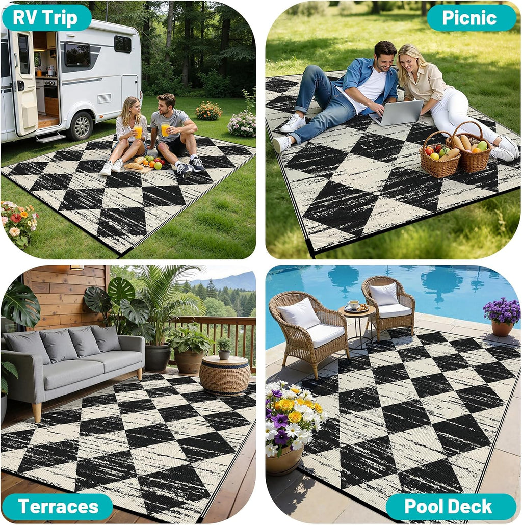 Stylish Waterproof Checkered Outdoor Rug - 5' x 8' Reversible Plastic Mat for Patio, RV, and Beach Adventures