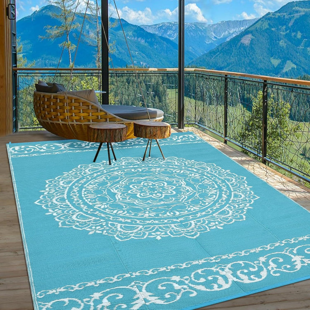 Transform Your Outdoor Space with Our 9x12 Waterproof Teal/White Boho Area Rug – Perfect for Patios, Camping, and More!