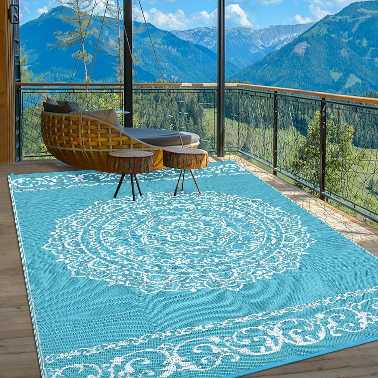 Transform Your Outdoor Space with Our 9x12 Waterproof Teal/White Boho Area Rug – Perfect for Patios, Camping, and More!