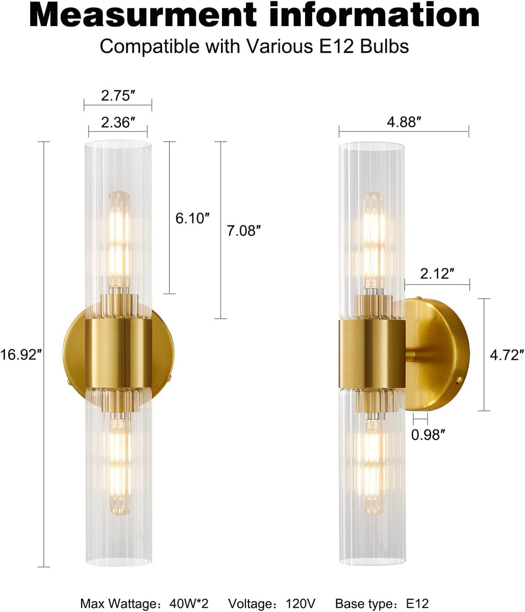 Wall Sconces Set of Two, Bathroom Light Fixtures 2-Light, Modern Vanity Light for Bathroom, Wall Light with Glass Rods Shades for Mirror Bedroom Hallway (Brushed Brass)