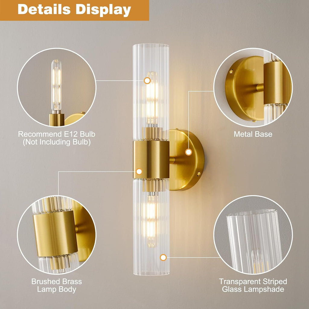 Wall Sconces Set of Two, Bathroom Light Fixtures 2-Light, Modern Vanity Light for Bathroom, Wall Light with Glass Rods Shades for Mirror Bedroom Hallway (Brushed Brass)