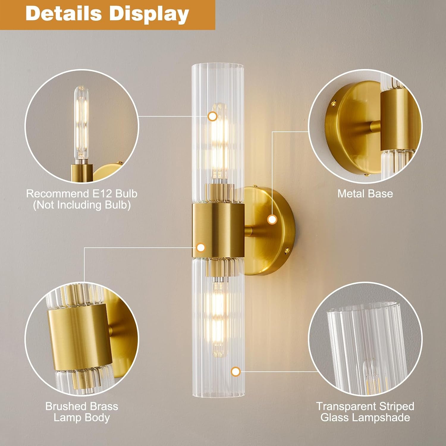Wall Sconces Set of Two, Bathroom Light Fixtures 2-Light, Modern Vanity Light for Bathroom, Wall Light with Glass Rods Shades for Mirror Bedroom Hallway (Brushed Brass)