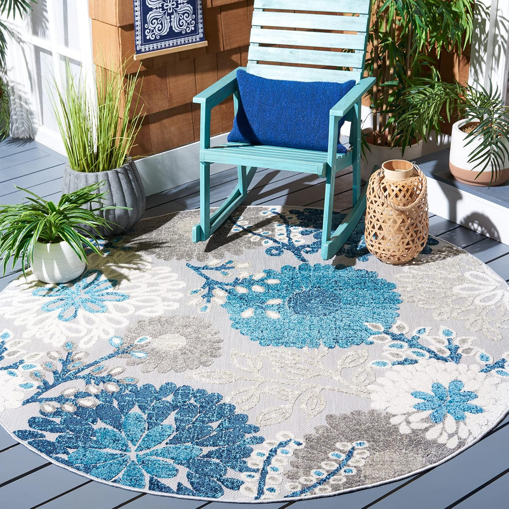 Transform Your Space with the SAFAVIEH 6'7" Round Washable Rug from the Cabana Collection - Stylish Grey & Blue Floral Design, Non-Shedding & Perfect for Indoor/Outdoor Use!