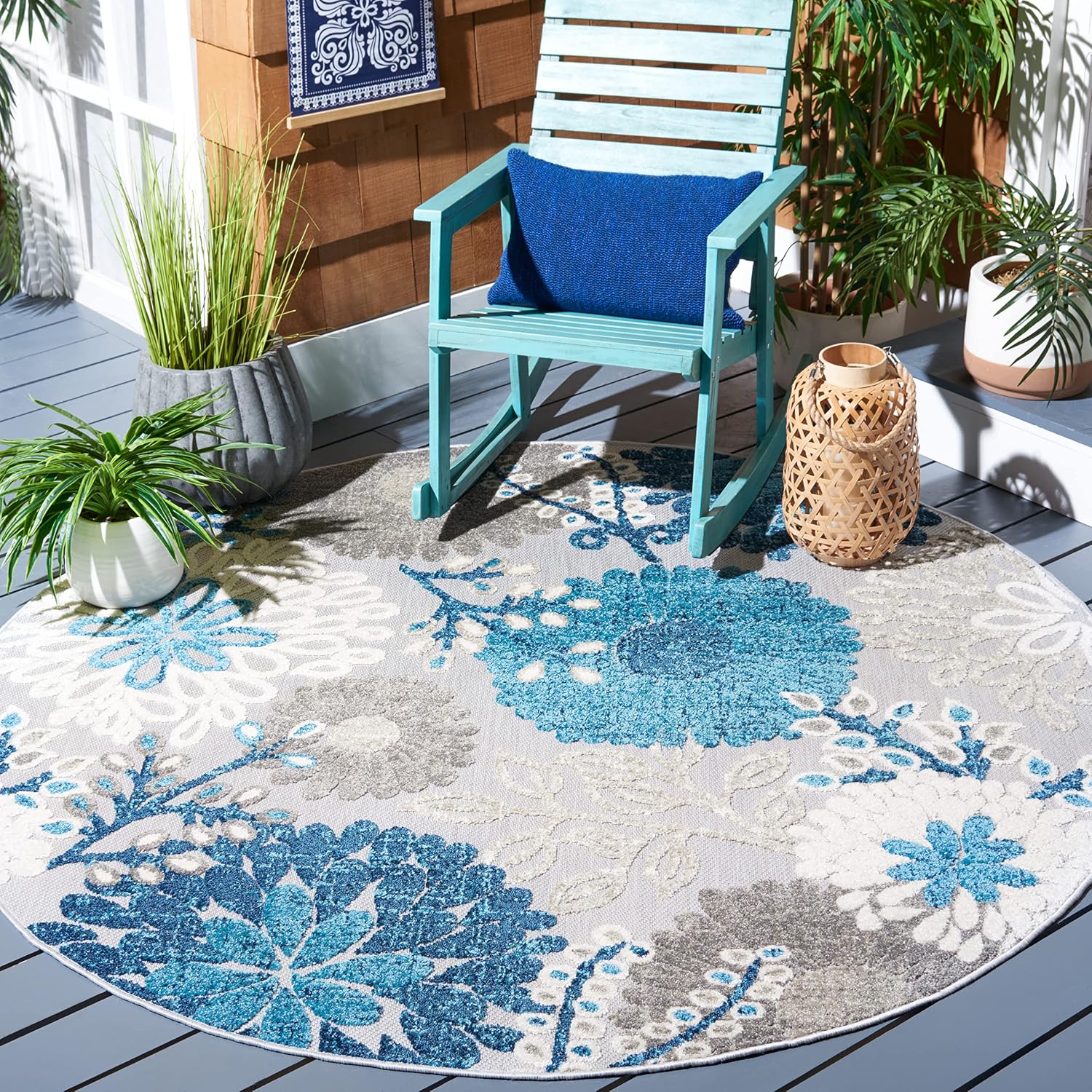 Transform Your Space with the SAFAVIEH 6'7" Round Washable Rug from the Cabana Collection - Stylish Grey & Blue Floral Design, Non-Shedding & Perfect for Indoor/Outdoor Use!