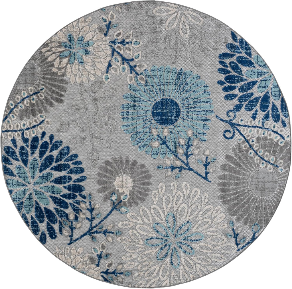 Transform Your Space with the SAFAVIEH 6'7" Round Washable Rug from the Cabana Collection - Stylish Grey & Blue Floral Design, Non-Shedding & Perfect for Indoor/Outdoor Use!