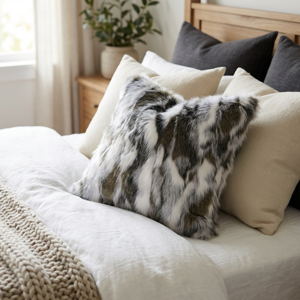 Elevate Your Space with the Luxurious Plutus Ivory & Gray Rabbit Fur Faux Fur Throw Pillow