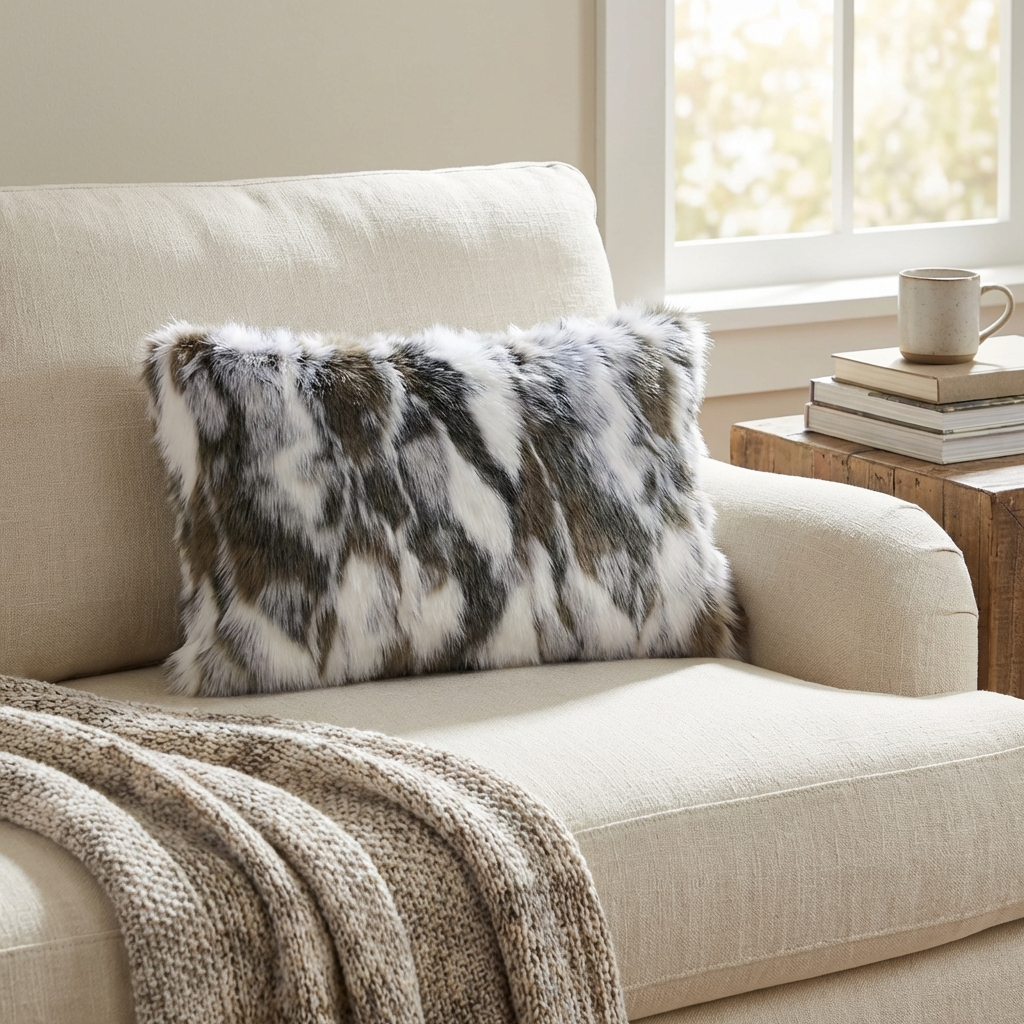 Elevate Your Space with the Luxurious Plutus Ivory & Gray Rabbit Fur Faux Fur Throw Pillow