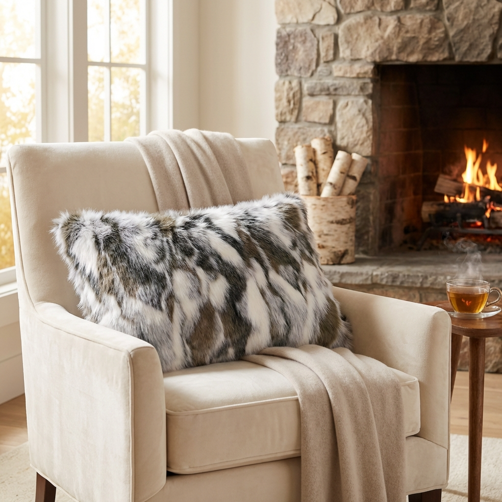 Elevate Your Space with the Luxurious Plutus Ivory & Gray Rabbit Fur Faux Fur Throw Pillow