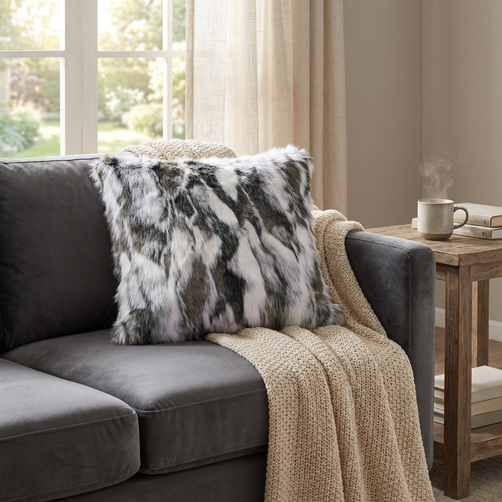 Elevate Your Space with the Luxurious Plutus Ivory & Gray Rabbit Fur Faux Fur Throw Pillow