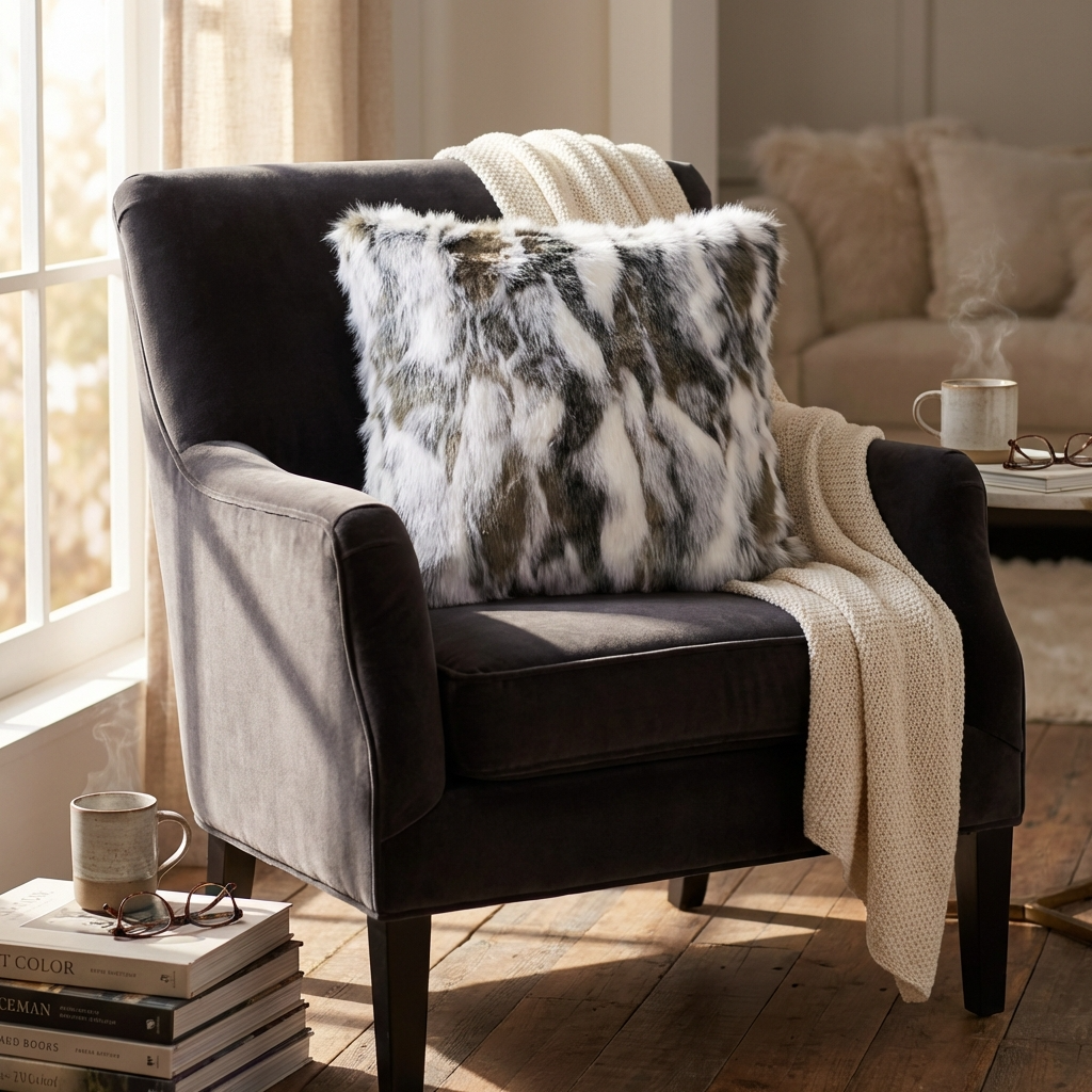 Elevate Your Space with the Luxurious Plutus Ivory & Gray Rabbit Fur Faux Fur Throw Pillow