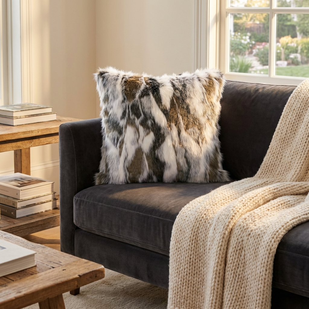 Elevate Your Space with the Luxurious Plutus Ivory & Gray Rabbit Fur Faux Fur Throw Pillow