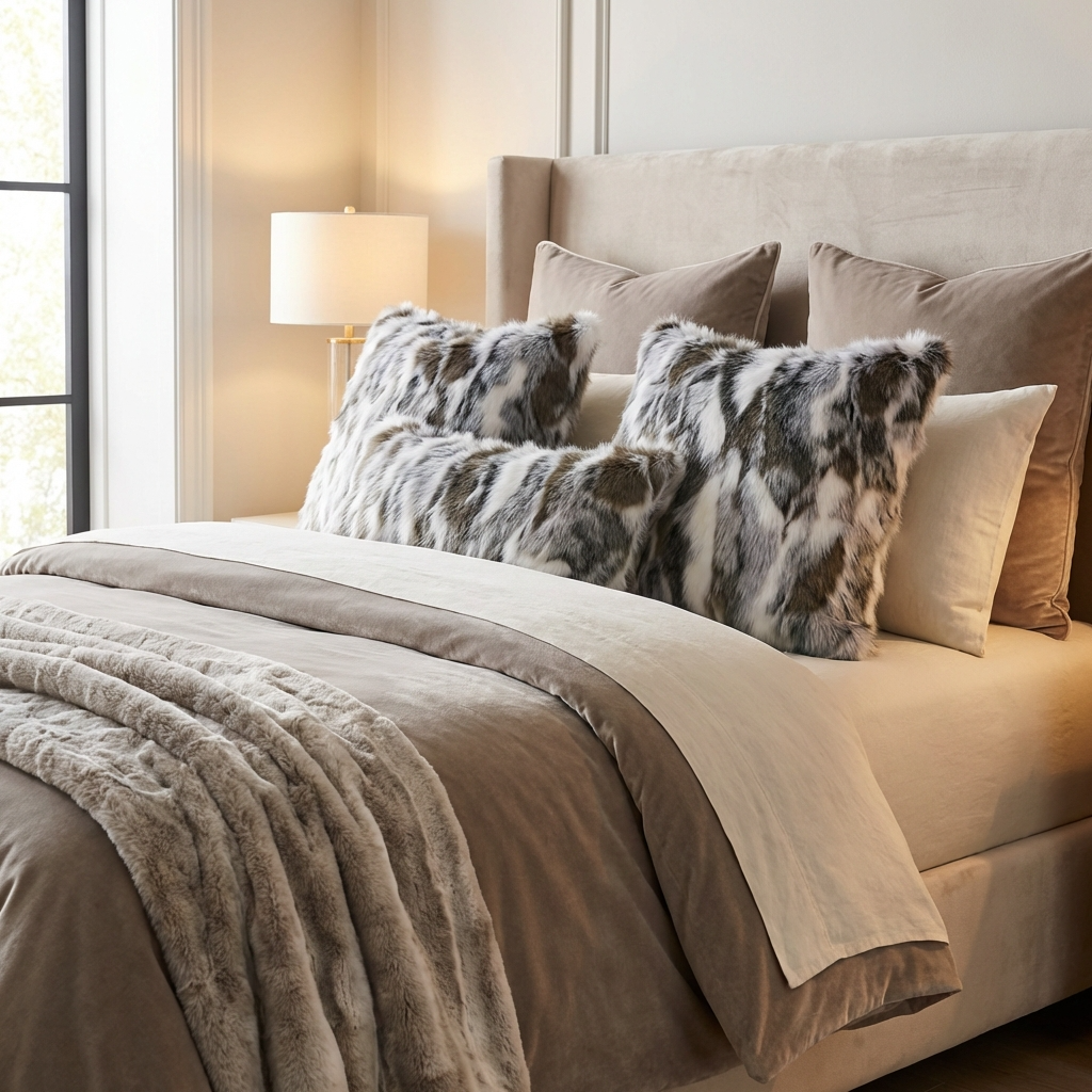 Elevate Your Space with the Luxurious Plutus Ivory & Gray Rabbit Fur Faux Fur Throw Pillow