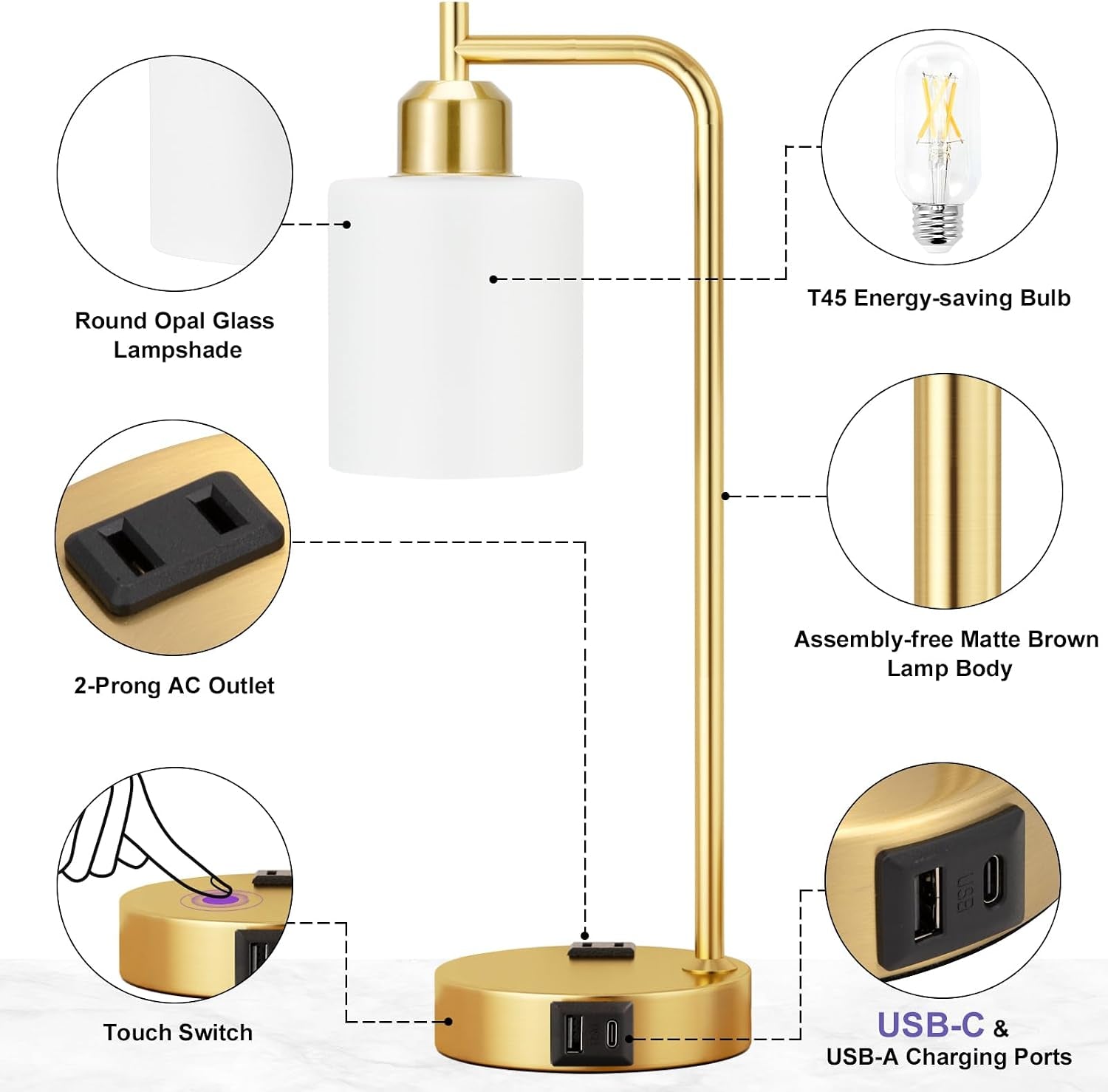 Industrial Gold Table Lamps for Bedrooms Set of 2-3-Way Dimmable Desk Lamp with USB C+A Ports and Outlet, Gold Lamps with Opal Glass Shade for Living Room, Desk Lamps for Home Office
