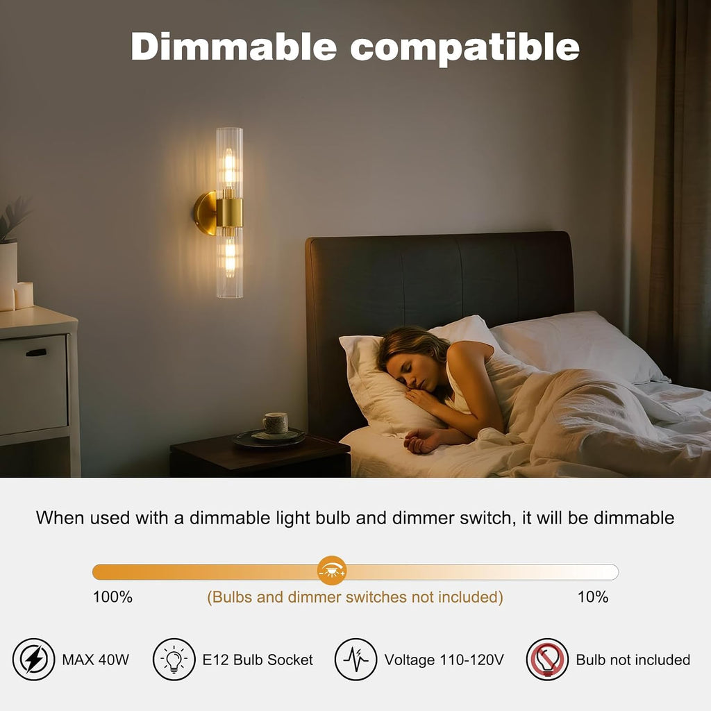 Wall Sconces Set of Two, Bathroom Light Fixtures 2-Light, Modern Vanity Light for Bathroom, Wall Light with Glass Rods Shades for Mirror Bedroom Hallway (Brushed Brass)
