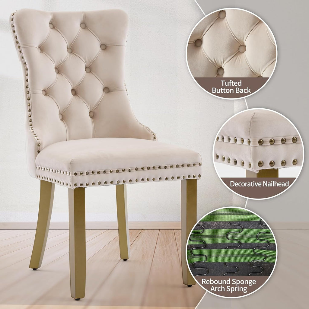 Elevate Your Dining Experience with Our Luxurious Beige Velvet Dining Chairs Set of 4 – Stylish Upholstered Design with Golden Wooden Legs and Elegant Lion Head Pulls