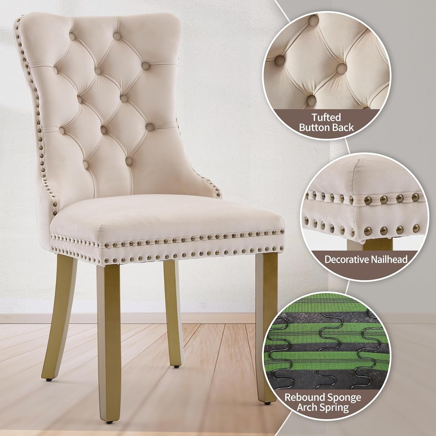 Elevate Your Dining Experience with Our Luxurious Beige Velvet Dining Chairs Set of 4 – Stylish Upholstered Design with Golden Wooden Legs and Elegant Lion Head Pulls