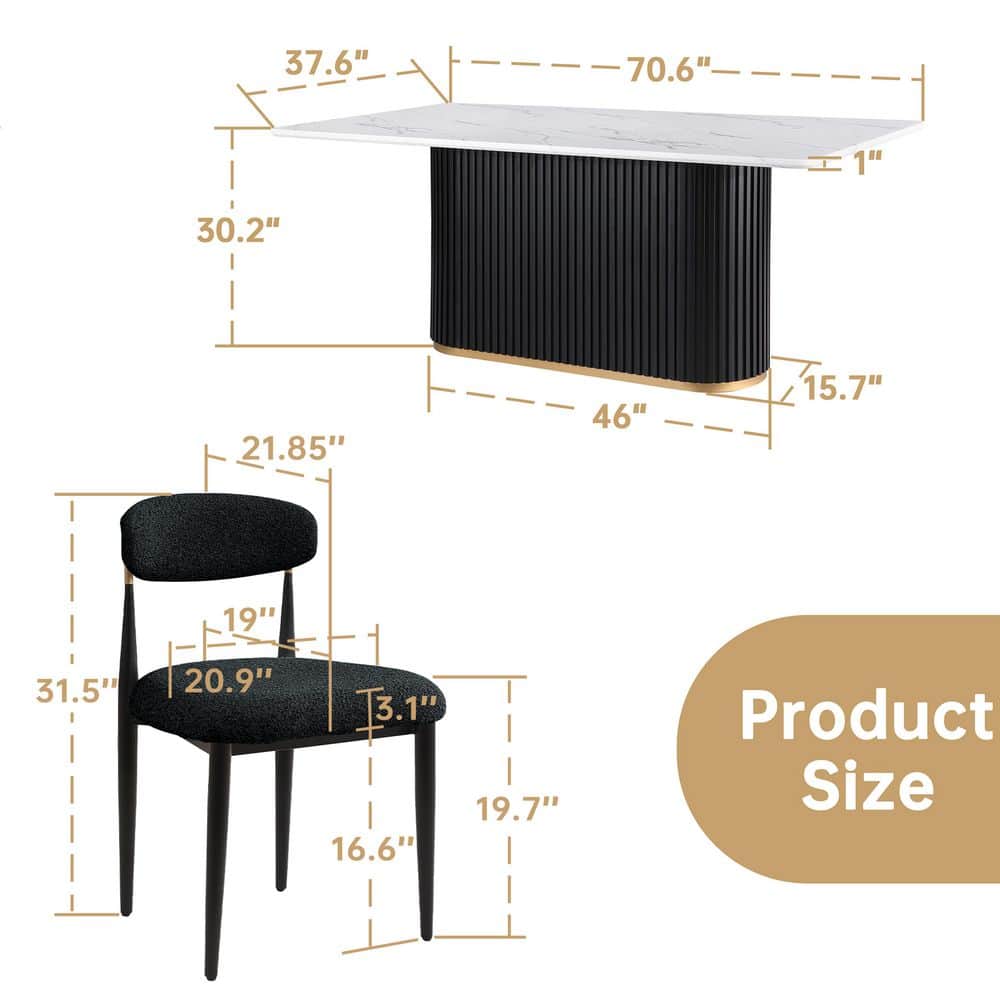 Elevate Your Dining Experience with Our Elegant 7-Piece Faux Marble Dining Set Featuring Boucle Armless Chairs in Chic Black