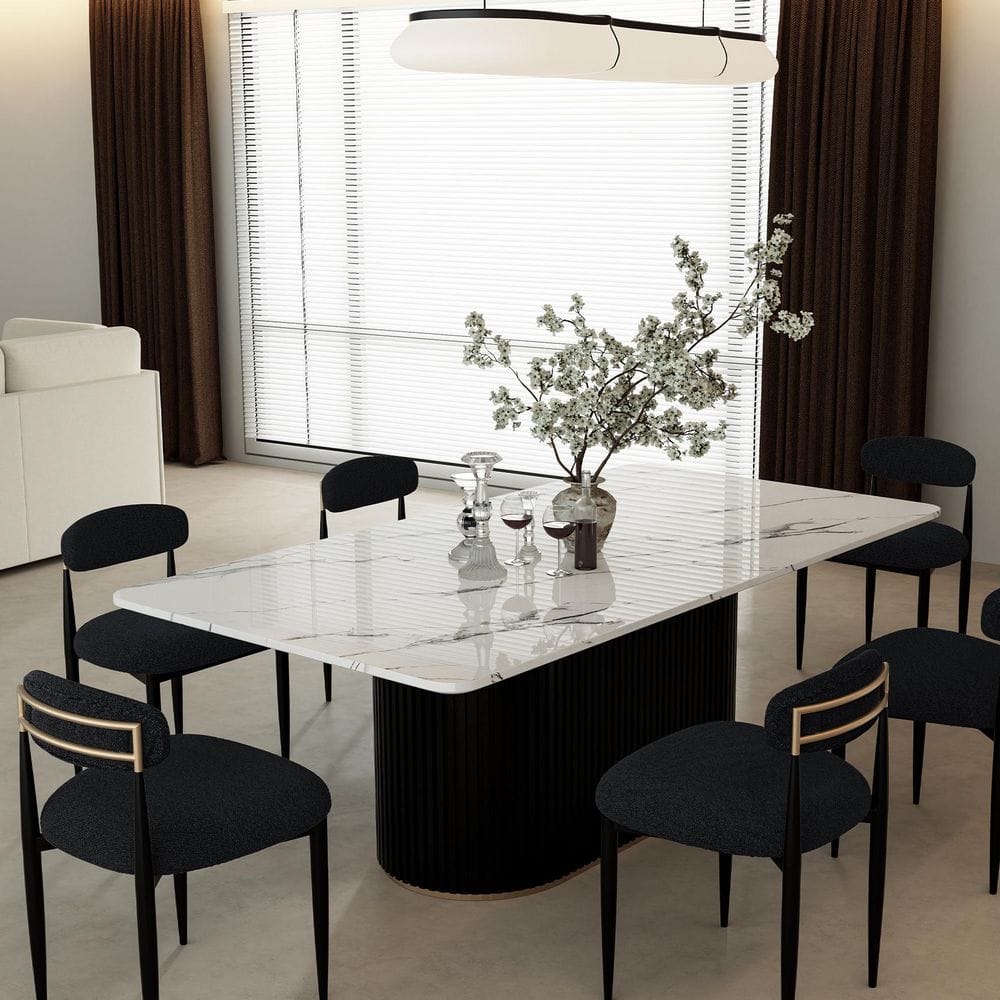 Elevate Your Dining Experience with Our Elegant 7-Piece Faux Marble Dining Set Featuring Boucle Armless Chairs in Chic Black