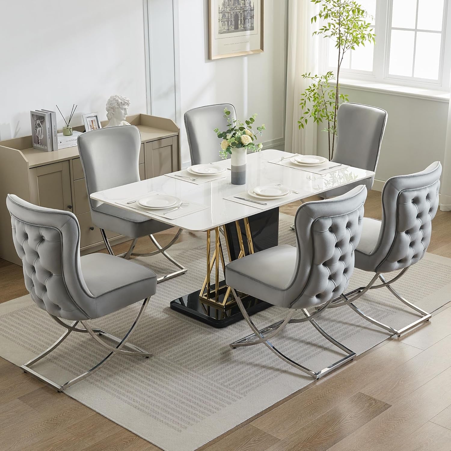 Elegant Light Grey Velvet Dining Chairs - Set of 2 with Stylish Silver X-Legs for Modern Glam Decor