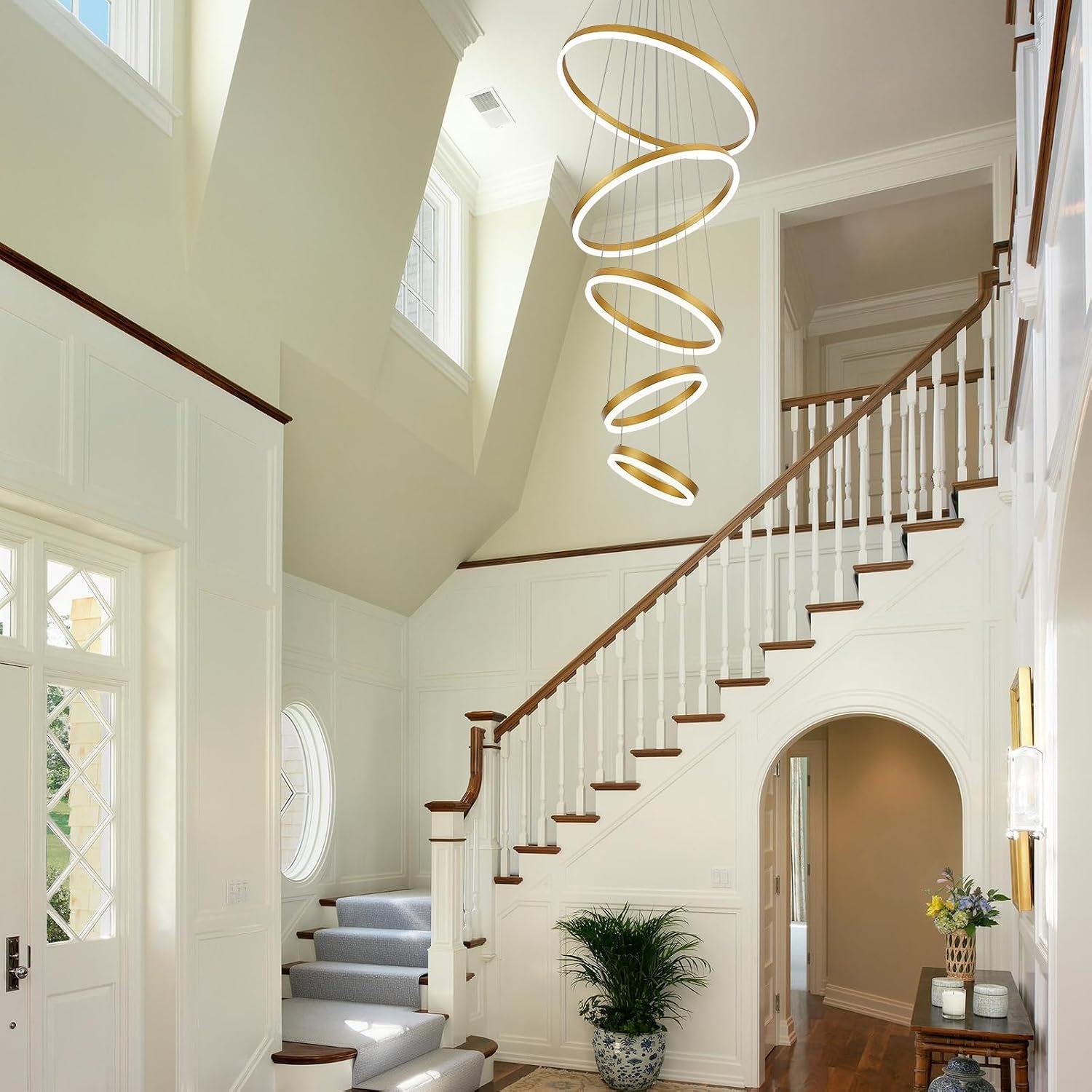 Stunning 5-Ring Gold LED Chandelier - Modern Dimmable Pendant Light Fixture with Remote Control for High Ceilings in Entryway, Living Room, and Staircase