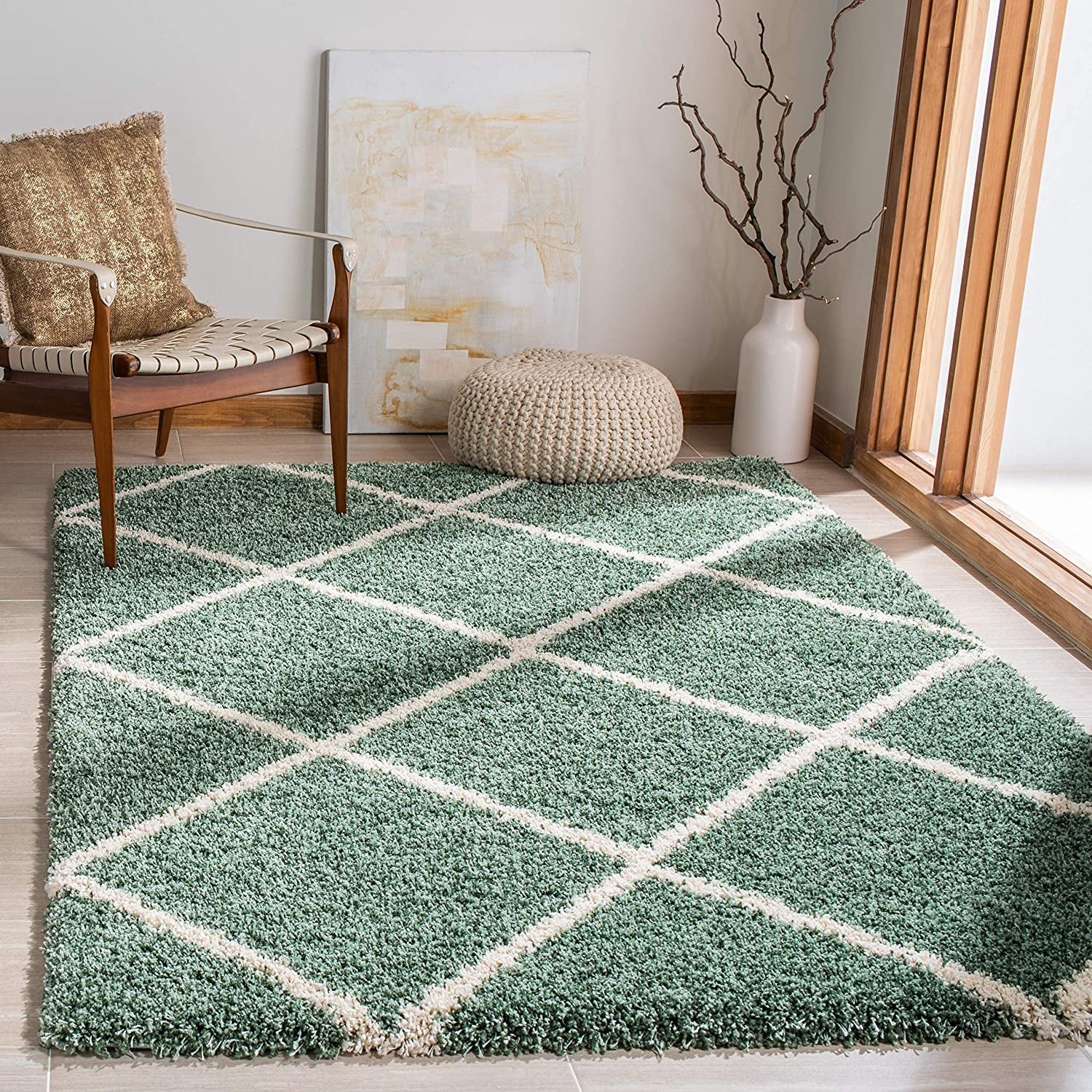 Transform Your Space with the Luxurious SAFAVIEH Hudson Shag Area Rug - 7' Square in Green & Ivory, Featuring a Modern Trellis Design, Non-Shedding Comfort, and 2-Inch Thick Plush Pile Perfect for High Traffic Areas!