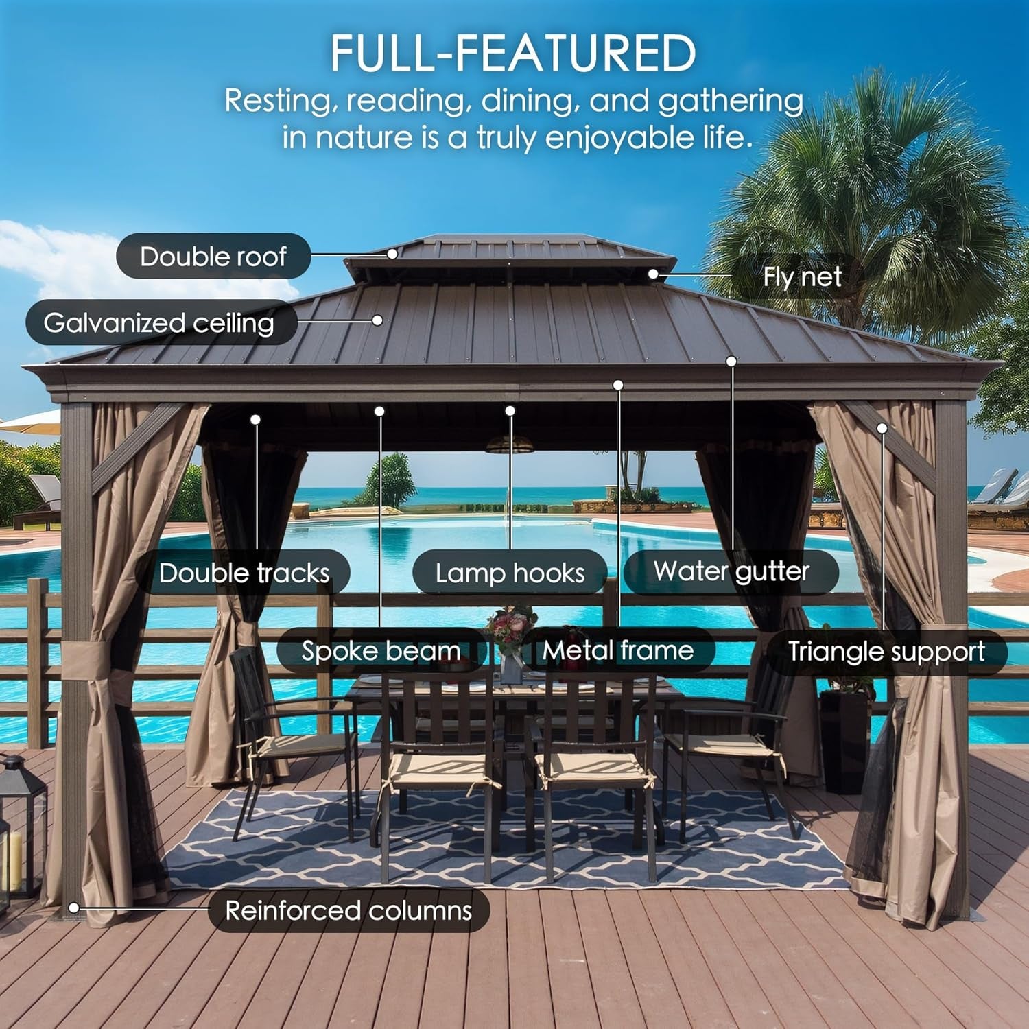 Transform Your Outdoor Space with the Alexander 10' x 12' Hardtop Gazebo - Durable Aluminum Frame & Galvanized Steel Roof with Curtains and Netting