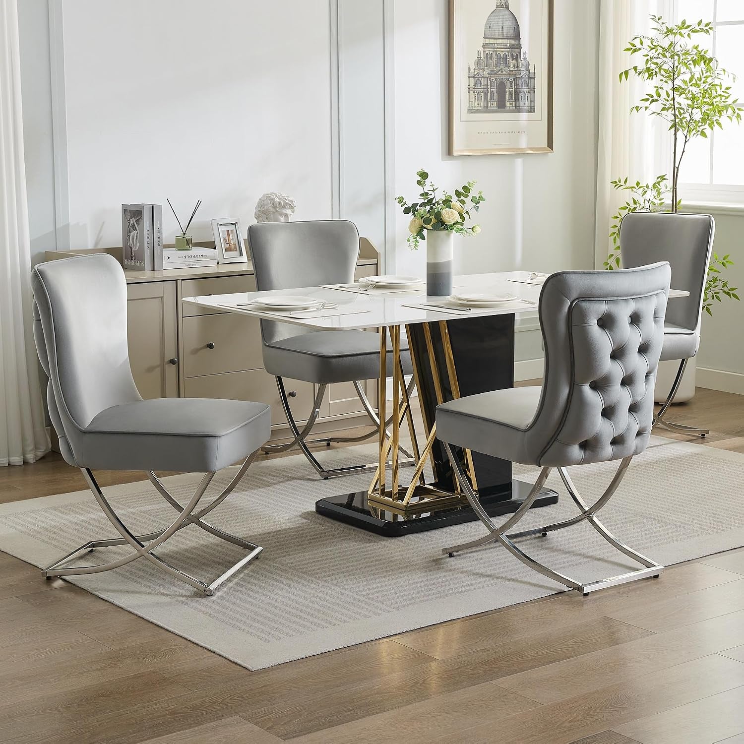 Elegant Light Grey Velvet Dining Chairs - Set of 2 with Stylish Silver X-Legs for Modern Glam Decor